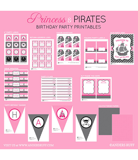 Princess and Pirates Birthday Party Printables Collection - Pink Black and Grey